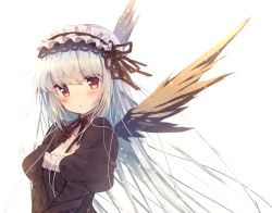 Rule 34 | 1girl, black dress, black ribbon, blunt bangs, blush, breasts, cleavage, cleavage cutout, clothing cutout, dress, feathered wings, hairband, highres, juliet sleeves, lolita fashion, long hair, long sleeves, looking at viewer, maid headdress, puffy sleeves, red eyes, ribbon, rozen maiden, silver hair, simple background, solo, suigintou, upper body, usamata, white background, wings