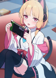 Rule 34 | 1girl, animal ear headphones, animal ears, ass, black skirt, black thighhighs, blonde hair, blue archive, blue necktie, blush, bow, cat tail, collared shirt, fake animal ears, feet out of frame, hair bow, handheld game console, headphones, highres, holding, holding handheld game console, indoors, jacket, kouki7912f, long sleeves, looking at viewer, momoi (blue archive), necktie, open mouth, pleated skirt, red bow, red eyes, shirt, short hair, skirt, solo, tail, thighhighs, white jacket, white shirt, wide sleeves