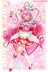 Rule 34 | 1girl, ;d, arms up, back bow, text background, big hair, boots, bow, character name, choker, commentary request, cure precious, dated, delicious party precure, dress, earrings, frilled hairband, frills, gloves, hair bow, hairband, hanzou, heart, high heel boots, high heels, highres, jewelry, kome-kome (precure), large bow, light particles, magical girl, medium dress, nagomi yui, one eye closed, open mouth, own hands together, partial commentary, pink dress, pink hair, precure, purple eyes, red bow, red choker, sleeveless, sleeveless dress, smile, solo, sparkle, twitter username, two side up, wavy hair, white footwear, white gloves