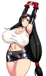 Rule 34 | 1girl, 2000s (style), 774 (nanashi), absurdres, arms up, bare shoulders, belt, black hair, breasts, cleavage, cowboy shot, earrings, final fantasy, final fantasy vii, fingerless gloves, gloves, highres, huge breasts, jewelry, long hair, looking at viewer, low-tied long hair, microskirt, midriff, navel, no bra, one eye closed, panties, pantyshot, red eyes, red gloves, retro artstyle, see-through, simple background, skirt, smile, solo, square enix, standing, stretching, suspender skirt, suspenders, tank top, taut clothes, thick thighs, thighs, tifa lockhart, underwear, very long hair, white background, white panties, wink