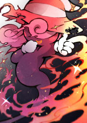 Rule 34 | 1girl, curly hair, fire, ghost tail, gloves, hair over eyes, haruka (akurahiharuka), hat, highres, long hair, mario (series), nintendo, open mouth, paper mario, paper mario: the thousand year door, pink hair, smile, snapping fingers, solo, sparkle, striped clothes, striped headwear, vivian (paper mario), white gloves, witch hat