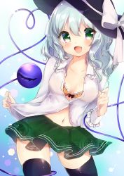 Rule 34 | 1girl, :d, bad id, bad pixiv id, black hat, black thighhighs, blush, bow, bra, breasts, cleavage, collarbone, contrapposto, cowboy shot, gluteal fold, green eyes, green skirt, hair bow, hat, hat bow, highres, komeiji koishi, long hair, medium breasts, midriff, miniskirt, navel, no panties, open clothes, open mouth, open shirt, see-through, shanghai bisu, shirt, silver hair, skirt, smile, solo, standing, stomach, sun hat, thighhighs, touhou, underwear, white bow, yellow bra