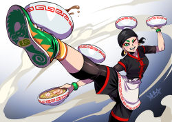 Rule 34 | 1girl, @ @, apron, arms (game), bandana, blonde hair, bowl, capri pants, chinese clothes, cook, eyeliner, food, foreshortening, green eyes, grin, loose socks, makeup, min min (arms), nintendo, no mask, noodles, one eye closed, pants, ramen, ryuusei (mark ii), shoes, short eyebrows, short hair, shorts, shorts under shorts, smile, sneakers, socks, solo, standing, standing on one leg, tangzhuang, thick eyebrows, waist apron, waitress