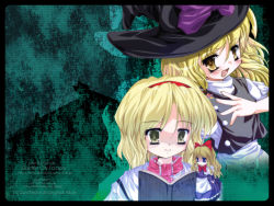 Rule 34 | 2girls, :d, akahito, alice margatroid, apron, black dress, blank eyes, blonde hair, blue dress, doll, dress, expressionless, female focus, flying, hat, highres, kirisame marisa, looking at viewer, multiple girls, open mouth, shaded face, shanghai doll, size difference, smile, touhou, waist apron, wallpaper, wavy hair, witch hat