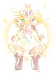 Rule 34 | 1boy, 1girl, :d, ;), aqua eyes, blonde hair, brother and sister, crossdressing, dress, kagamine len, kagamine rin, kei (keigarou), looking at viewer, one eye closed, open mouth, short hair, siblings, smile, twins, vocaloid, wink