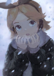 Rule 34 | 1girl, blonde hair, blue eyes, bow, breath, coat, cold, dark, earmuffs, film grain, forehead, from above, hair bow, hair ornament, hairclip, hands up, highres, kagamine rin, looking to the side, night, open mouth, scarf, sishenfan, sketch, snow, snowing, solo, vocaloid, warming hands, winter, winter clothes, winter coat