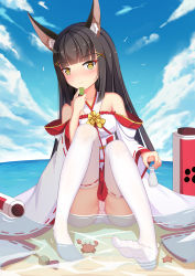 Rule 34 | 1girl, animal, animal ear fluff, animal ears, ass, azur lane, bare shoulders, blue sky, blush, brown eyes, brown hair, closed mouth, cloud, cloudy sky, commentary request, crab, day, fox ears, frilled kimono, frills, hair ornament, hairclip, hakama, hakama skirt, hand up, highres, holding, horizon, japanese clothes, kimono, leaning to the side, long hair, long sleeves, muq, nagato (azur lane), nagato (great fox&#039;s white gown) (azur lane), no shoes, outdoors, panties, red hakama, ribbon-trimmed legwear, ribbon trim, skirt, sky, smile, soles, solo, striped clothes, striped panties, thighhighs, tokkuri, underwear, very long hair, white kimono, white thighhighs, wide sleeves, x hair ornament
