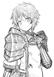 Rule 34 | 1girl, armor, blush, greyscale, kayama kenji, long hair, looking at viewer, lora (xenoblade), monochrome, nintendo, parted lips, pauldrons, short hair, shoulder armor, simple background, smile, solo, xenoblade chronicles (series), xenoblade chronicles 2, xenoblade chronicles (series), xenoblade chronicles 2, xenoblade chronicles 2: torna - the golden country