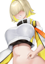 Rule 34 | 1girl, absurdres, ahoge, bare shoulders, belly grab, black sports bra, blonde hair, breasts, clothing cutout, commentary, disembodied hand, elegg (nikke), from below, goddess of victory: nikke, grin, hair intakes, hair over eyes, highres, large breasts, long sleeves, looking up, midriff, multicolored hair, navel, ryuvie, shirt, short hair, shoulder cutout, sidelocks, simple background, smile, solo focus, sports bra, standing, teeth, two-tone hair, white background, white shirt, zipper, zipper pull tab