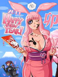 Rule 34 | 10s, 2011, 2girls, airi (queen&#039;s blade), animal ears, blush stickers, body writing, bodypaint, breasts, cleavage, happy new year, highres, huge breasts, japanese clothes, jewelry, large breasts, lipstick, long hair, makeup, melona (queen&#039;s blade), monster girl, mucoro, multiple girls, new year, one eye closed, paintbrush, pink hair, queen&#039;s blade, rabbit ears, skull, slime girl, tree, very long hair, wink