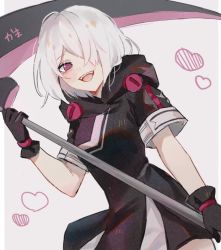 Rule 34 | 1girl, azuki 3693, bad id, bad twitter id, black gloves, breasts, gloves, holding, honkai (series), honkai impact 3rd, looking at viewer, one eye covered, short hair, simple background, smile, solo, weapon, white background, white hair, zombie (honkai impact 3)