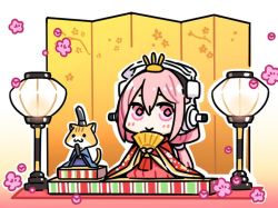 Rule 34 | 1girl, :&gt;, :3, animal, cat, cherry blossoms, chibi, clothed animal, hand fan, folding screen, hair ornament, hat, headphones, hinamatsuri, japanese clothes, kneeling, low ponytail, minoa (lastswallow), nitroplus, paper fan, pink hair, ponytail, red eyes, striped, super sonico, tail, tate eboshi