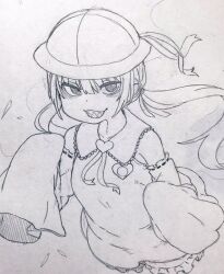 Rule 34 | 1girl, bags under eyes, brooch, collared dress, cropped torso, debris, detached sleeves, dress, floating hair, graphite (medium), greyscale, hat, heart, heart brooch, highres, jewelry, long hair, looking at viewer, low twintails, monochrome, neck ribbon, open mouth, ribbon, school hat, sharp teeth, simple background, sleeveless, sleeveless dress, sleeves past fingers, sleeves past wrists, smile, solo, teeth, toriniku29, traditional media, tsukuyomi ai, twintails, voiceroid
