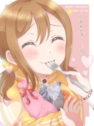 Rule 34 | 1girl, alternate costume, artist name, artist request, blush, box, breasts, brown eyes, brown hair, closed eyes, commentary request, eating, female focus, food, fork, fruit, gift, gift box, hair between eyes, hair ornament, hair scrunchie, highres, holding, holding fork, holding gift, jacket, kunikida hanamaru, light brown hair, long hair, looking at viewer, love live!, love live! school idol festival, love live! sunshine!!, matching hair/eyes, nail, nail polish, orange (fruit), parted lips, pink nails, pink nails, scrunchie, smile, solo, translated, translation request, twintails, upper body, yellow eyes, yellow jacket, yellow scrunchie