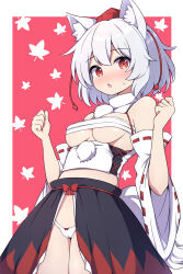 Rule 34 | 1girl, animal ears, bare shoulders, black skirt, blush, breasts, cleft of venus, detached sleeves, grey hair, hair between eyes, highres, inubashiri momiji, large breasts, open mouth, panties, pom pom (clothes), red eyes, revealing clothes, ribbon-trimmed sleeves, ribbon trim, rizento, short hair, skirt, solo, tail, touhou, underwear, white panties, wide sleeves, wolf ears, wolf tail