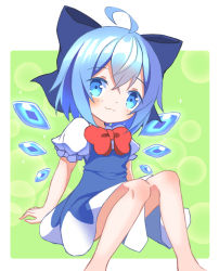 Rule 34 | 1girl, ahoge, barefoot, blue bow, blue dress, blue eyes, blue hair, border, bow, bowtie, breasts, cirno, closed mouth, collared shirt, commentary request, dress, green background, hair between eyes, ice, ice wings, looking at viewer, medium breasts, outside border, puffy short sleeves, puffy sleeves, red bow, red bowtie, shirt, short hair, short sleeves, sitting, smile, solo, sparkle, star (symbol), touhou, tsuri buta, white border, white shirt, wings