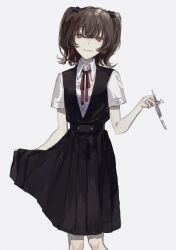 Rule 34 | 1girl, black dress, black hair, collared shirt, dress, feet out of frame, highres, holding, holding clothes, holding dress, holding knife, knife, kotobuki nashiko, looking at viewer, medium hair, original, red eyes, shadow, shirt, short sleeves, simple background, smile, solo, white background, white shirt