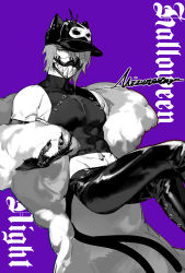Rule 34 | 1boy, abs, animal ears, arknights, bare shoulders, baseball cap, black legwear, cape, cat ears, claws, crop top, elbow gloves, english text, fur cape, gloves, hat, highres, mask, midriff, mizuno star, monochrome, multiple tails, navel, one eye covered, phantom (arknights), purple background, signature, simple background, solo, tail, two tails, white cape, yellow eyes