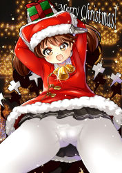 Rule 34 | 10s, 1girl, bad id, bad pixiv id, blush, brown eyes, brown hair, cameltoe, juurouta, kantai collection, long hair, merry christmas, open mouth, panties, panties under pantyhose, pantyhose, ryuujou (kancolle), santa costume, smile, solo, underwear, white pantyhose