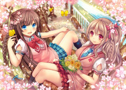 Rule 34 | 2girls, bench, black socks, blonde hair, blue eyes, blush, bouquet, bow, bowtie, braid, branch, brown hair, bug, butterfly, cherry blossoms, clarinet (natsumi3230), collaboration, eyebrows, flower, hair between eyes, hair bow, hair bun, hair flower, hair ornament, head wreath, holding, in tree, insect, kneehighs, kurata rine, long hair, looking at viewer, madogawa, multiple girls, necktie, open mouth, original, petals, pink eyes, plaid, plaid skirt, pleated skirt, puffy short sleeves, puffy sleeves, red bow, school uniform, short sleeves, side ponytail, single hair bun, sitting, skirt, smile, socks, sweater vest, tree