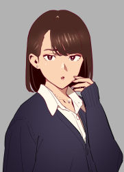 Rule 34 | 1girl, bob cut, bright pupils, brown eyes, brown hair, collared shirt, earrings, from side, grey background, hand on own face, hand up, highres, jewelry, long sleeves, looking at viewer, looking to the side, medium hair, nail polish, necklace, original, parted lips, pink nails, shirt, simple background, sleeves past wrists, solo, stud earrings, upper body, white pupils, white shirt, wing collar, yukiyoshi mamizu