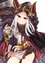 Rule 34 | 10s, 1boy, 1girl, amagaeru (hylathewet), animal ears, arm hug, belt, bridal gauntlets, cape, cat ears, cloak, commentary request, dress, ears through headwear, gauntlets, granblue fantasy, hood, hooded cloak, long hair, looking at viewer, naoise, orange eyes, out of frame, scathacha (granblue fantasy), silver hair, simple background, smile, white background, white dress