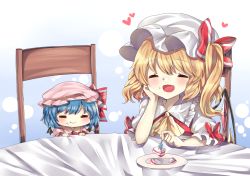 Rule 34 | 2girls, bad id, bad pixiv id, bat wings, blonde hair, blue hair, blush, cake, chair, cheunes, chibi, crystal, dress, eating, closed eyes, fang, flandre scarlet, food, food on face, fork, hat, head rest, heart, highres, long hair, multiple girls, open mouth, plate, remilia scarlet, short hair, siblings, side ponytail, sisters, sitting, smile, table, touhou, wings