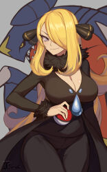 Rule 34 | 1girl, absurdres, blonde hair, breasts, cleavage, closed mouth, creatures (company), cynthia (pokemon), fur collar, fur trim, game freak, garchomp, gen 4 pokemon, grey background, grey eyes, hair ornament, hair over one eye, highres, holding, holding poke ball, large breasts, long hair, long sleeves, looking at viewer, nintendo, poke ball, poke ball (basic), pokemon, pokemon (creature), pokemon dppt, sidelocks, smile, ttt (titatuem), v-shaped eyebrows, very long hair