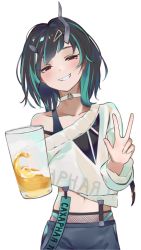 Rule 34 | 1girl, alcohol, beer, black hair, black shorts, black tank top, blue hair, blush, choker, commentary request, cowboy shot, cup, demon girl, demon horns, fishnets, flat chest, grin, hair ornament, hairclip, holding, holding cup, horns, looking at viewer, medium hair, multicolored hair, nanashi inc., official alternate costume, oh1ya, pointy ears, red eyes, shishio chris, shishio chris (2nd costume), shorts, simple background, single bare shoulder, smile, solo, strap slip, sugar lyric, sweater, tank top, transparent background, two-tone hair, virtual youtuber, w, white choker, white sweater
