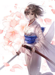 Rule 34 | 1girl, black ribbon, brown eyes, brown hair, cherry blossoms, closed mouth, expressionless, floating hair, floral background, floral print, glint, hair between eyes, highres, holding, holding sheath, holding sword, holding weapon, japanese clothes, kara no kyoukai, katana, kimono, limit x, long sleeves, looking at viewer, obi, petals, print kimono, print sash, ribbon, ryougi shiki, sash, scabbard, sheath, short hair, solo, standing, sword, unsheathed, weapon, white background, wide sleeves, wind