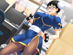Rule 34 | 1girl, black-framed eyewear, black hair, blush, box, bracelet, breasts, capcom, chinese clothes, chun-li, chun-li (cosplay), clownculture, computer, cosplay, double bun, covered erect nipples, closed eyes, figure, glasses, hand on own hip, highres, indoors, jewelry, large breasts, legs, monitor, open mouth, pantyhose, poster (medium), puffy sleeves, short sleeves, smile, solo, spiked bracelet, spikes, standing, street fighter, thighs