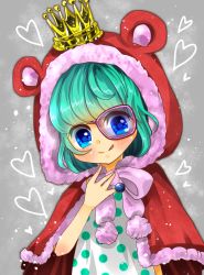 Rule 34 | 1girl, :q, alice-sweets-0127, animal ears, aqua hair, blue eyes, cape, crown, donquixote pirates, dressrosa, heart, hood, hoodie, licking lips, one piece, polka dot, red cape, smile, solo, sugar (one piece), tongue, tongue out
