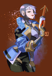 Rule 34 | 1girl, animification, apex legends, black headwear, black pants, blue jacket, brown background, brown eyes, deep current wattson, energy reader (apex legends), eyepatch, from side, grey hair, highres, holding, jacket, looking to the side, official alternate costume, one eye covered, open mouth, pants, sketch, smile, solo, thundergotch, wattson (apex legends)