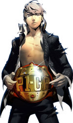 Rule 34 | 1boy, abs, atlus, battle damage, championship belt, dirty, grey eyes, hands on own hips, highres, looking at viewer, male focus, megami tensei, narukami yuu, official art, open clothes, open shirt, pectorals, persona, persona 4, persona 4: the ultimate in mayonaka arena, persona 4: the ultimax ultra suplex hold, school uniform, shin megami tensei, shirt, short hair, silver hair, soejima shigenori, solo, torn clothes, white background