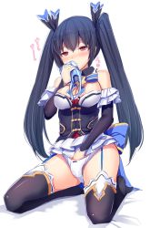 Rule 34 | 1girl, bare shoulders, black hair, blush, boots, breasts, daiaru, detached collar, detached sleeves, female masturbation, female pervert, fingering, full body, garter straps, hair ribbon, hand in panties, highres, kneeling, long hair, masturbation, medium breasts, neptune (series), noire (neptunia), panties, pervert, red eyes, ribbon, simple background, smelling, smelling clothes, smelling underwear, solo, striped clothes, striped panties, thigh boots, thighhighs, twintails, underwear, upskirt, very long hair, white background, white panties
