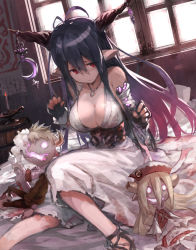 Rule 34 | 10s, 1girl, :/, antenna hair, bandages, bare shoulders, barrel, bed, black gloves, black hair, blood, blood on clothes, bloody clothes, bloody dress, blush, breasts, candle, candlestand, cleavage, clenched hands, corset, crescent, danua, draph, dress, fingerless gloves, fringe trim, gloves, glowing, glowing eyes, granblue fantasy, gretel (granblue fantasy), hair between eyes, hansel (granblue fantasy), highres, horn ornament, horns, indoors, jewelry, large breasts, long hair, looking at viewer, necklace, no socks, on bed, pendant, pointy ears, red eyes, shirabi, sitting, sleeveless, sleeveless dress, solo, spaghetti strap, stuffed toy, white dress, window