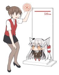 Rule 34 | 2girls, :&lt;, amatsukaze (kancolle), ataru (ataru-littlebird), black footwear, blouse, brown dress, brown eyes, brown hair, character request, chibi, collared shirt, commentary request, dress, hair bun, hair tubes, hand on own knee, hat, height difference, high heels, highres, kantai collection, lifebuoy, long hair, long sleeves, looking at another, mini hat, miniskirt, multiple girls, no eyes, no nose, open mouth, pantyhose, red legwear, red vest, sailor collar, sailor dress, shirt, short dress, short eyebrows, short sleeves, silver hair, simple background, single hair bun, skirt, speech bubble, spoken x, striped clothes, striped legwear, striped thighhighs, sweatdrop, swim ring, tearing up, thighhighs, two side up, v-shaped eyebrows, vest, white background, white shirt, x