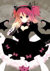 Rule 34 | 1girl, animal ears, bad id, bad pixiv id, bat wings, black dress, blush, bow, breasts, brown eyes, cat ears, cheria barnes, cleavage, cleavage cutout, clothing cutout, dress, fake animal ears, grey background, heart, heart cutout, kurata yumi, official alternate costume, pink eyes, pink hair, smile, solo, symbol-shaped pupils, tales of (series), tales of graces, two side up, wings