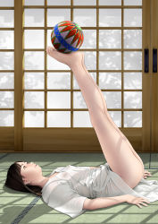 Rule 34 | 1girl, ass, bad id, bad pixiv id, balancing, ball, barefoot, bottomless, breasts, brown eyes, brown hair, covered erect nipples, feet, highres, holding with feet, indoors, japanese clothes, juban, legs, legs up, lips, looking up, lying, no panties, on back, on floor, original, parted lips, small breasts, solo, tatami, temari ball, toe scrunch, toenails, toes, window shadow, yoga, yoshimaki2000mg