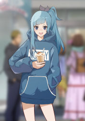 Rule 34 | 1boy, 3girls, absurdres, bare legs, blue eyes, blue hair, blue hoodie, blurry, blurry background, bow, breasts, chinese commentary, commentary request, cowboy shot, drink, hair bow, hand in pocket, highres, holding, holding drink, hood, hood down, hoodie, jujutsu kaisen, long hair, long sleeves, looking at viewer, milkshake, miwa kasumi, moetora, multiple girls, open mouth, ponytail, purple bow, smile, solo focus, tears, v-shaped eyebrows