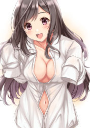 Rule 34 | 1girl, :d, black hair, blush, breasts, cleavage, collarbone, dress shirt, head tilt, highres, idolmaster, idolmaster shiny colors, long hair, looking at viewer, medium breasts, naked shirt, navel, no bra, open clothes, open mouth, open shirt, oversized clothes, partially unbuttoned, purple eyes, shirt, sleeves past fingers, sleeves past wrists, smile, solo, tsukioka kogane, upper body, yuzuyu (hyui)