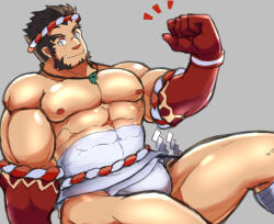 Rule 34 | 1boy, abs, bandaged leg, bandages, bara, biceps, black hair, bulge, clenched hand, clothing aside, colored skin, covered abs, facial hair, feet out of frame, flexing, forked eyebrows, fundoshi, fundoshi aside, goatee, goriin110, hachimaki, head tilt, headband, highres, japanese clothes, large pectorals, looking at viewer, looking to the side, male focus, mature male, midriff sarashi, muscular, muscular male, mutton chops, nejiri hachimaki, nipples, notice lines, pectorals, red skin, sarashi, short hair, sitting, solo, stomach, tajikarao (housamo), thick eyebrows, thick thighs, thighs, tokyo houkago summoners, topless male, tusks