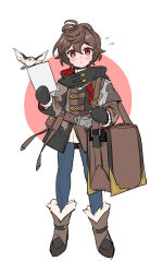 Rule 34 | 1boy, 1other, :o, aged down, ahoge, bag, belt, bird, blush, boots, brown footwear, brown hair, brown jacket, commentary request, denim, flying sweatdrops, full body, fur-trimmed boots, fur trim, gloves, granblue fantasy, hair between eyes, highres, holding, holding paper, jacket, jeans, layered sleeves, looking at viewer, pants, paper, pouch, red eyes, sandalphon (granblue fantasy), sandalphon (valentine) (granblue fantasy), short hair, shoulder bag, solo, tekki (tki), turtleneck