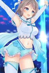 Rule 34 | 1girl, :d, aqua skirt, aquarium, armpits, arms up, blue bow, blue eyes, blurry, blurry background, blush, bow, bowtie, bracelet, breasts, capelet, commentary request, cowboy shot, crop top, detached sleeves, fish, frilled capelet, frills, grey hair, hair ornament, jewelry, koi ni naritai aquarium, komone ushio, love live!, love live! sunshine!!, medium breasts, miniskirt, navel, o/, open mouth, outstretched arms, panties, short hair, skirt, smile, solo, striped bow, striped bowtie, striped clothes, striped neckwear, sweat, thighhighs, tiara, underwear, watanabe you, white panties