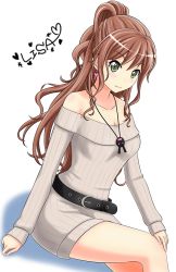 Rule 34 | 1girl, arjend, bang dream!, belt, black belt, breasts, brown hair, cleavage, closed mouth, collarbone, dress, earrings, green eyes, grey sweater, imai lisa, jewelry, long hair, medium breasts, nail polish, necklace, off-shoulder shirt, off shoulder, pink nails, ponytail, ribbed sweater, shirt, simple background, sitting, smile, solo, sweater, sweater dress, very long hair, white background