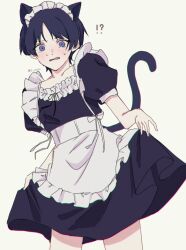 Rule 34 | !?, 1boy, alternate costume, animal ears, apron, black hair, black skirt, black sleeves, blunt ends, blush, bow, cat ears, cat tail, crossdressing, curtsey, enmaided, frills, genshin impact, highres, looking at viewer, maid, maid apron, maid headdress, male focus, male maid, o ov13s, parted bangs, parted lips, puffy sleeves, purple eyes, scaramouche (genshin impact), short sleeves, sketch, skirt, sweat, tail, twitter username, white background, white bow