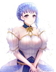 Rule 34 | 1girl, alternate costume, bare shoulders, black eyes, blue hair, blunt bangs, blush, braid, breasts, bride, bride (fire emblem), closed mouth, commentary, crown braid, detached sleeves, dress, english commentary, fire emblem, fire emblem: three houses, highres, large breasts, looking at viewer, marianne von edmund, medium breasts, nintendo, own hands together, pochaimo, short hair, smile, solo, wedding dress, white background, white dress