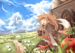Rule 34 | 2girls, ^ ^, animal, animal ears, apple, blurry, blush, brown hair, cape, closed eyes, depth of field, dog, enekk, closed eyes, fang, food, fruit, grass, holo, landscape, long hair, multiple girls, nncat, nora arento, open mouth, pouch, sheep, sitting, spice and wolf, tail, tears, wolf ears, wolf tail