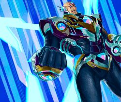 Rule 34 | 1boy, android, armor, black bodysuit, blue eyes, bodysuit, cairngorm999, character name, chin, clenched hand, energy wings, forehead jewel, highres, mega man (series), mega man x (series), mega man x dive, scar, scar on face, sigma (mega man), solo, speed lines