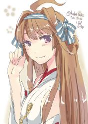 Rule 34 | 10s, 1girl, ahoge, alternate headwear, bare shoulders, brown hair, check commentary, commentary request, detached sleeves, double bun, hair ornament, hair ribbon, hairband, japanese clothes, kantai collection, kongou (kancolle), long hair, looking at viewer, lr hijikata, nontraditional miko, ribbon, smile, solo, twitter username